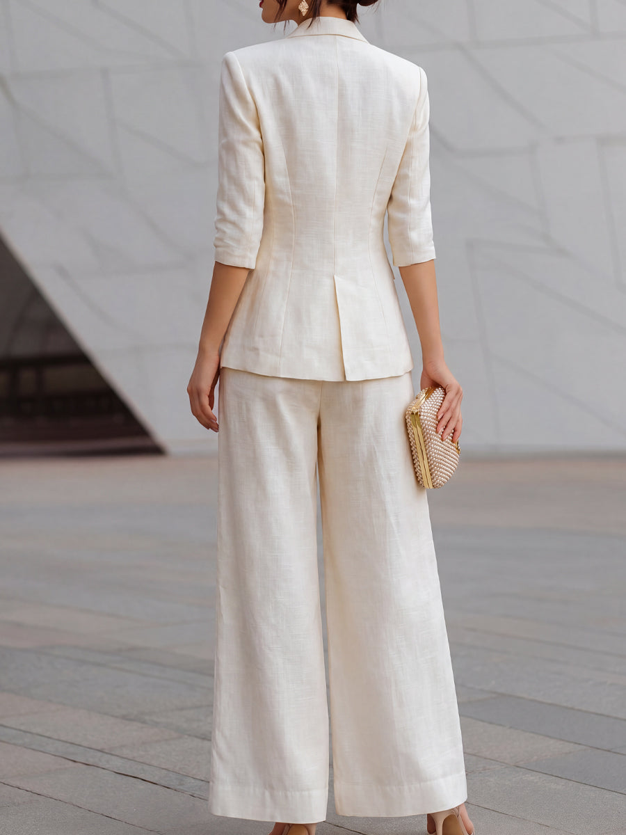 Tailored Linen Blazer & Wide-Leg Trousers Two-Piece Set