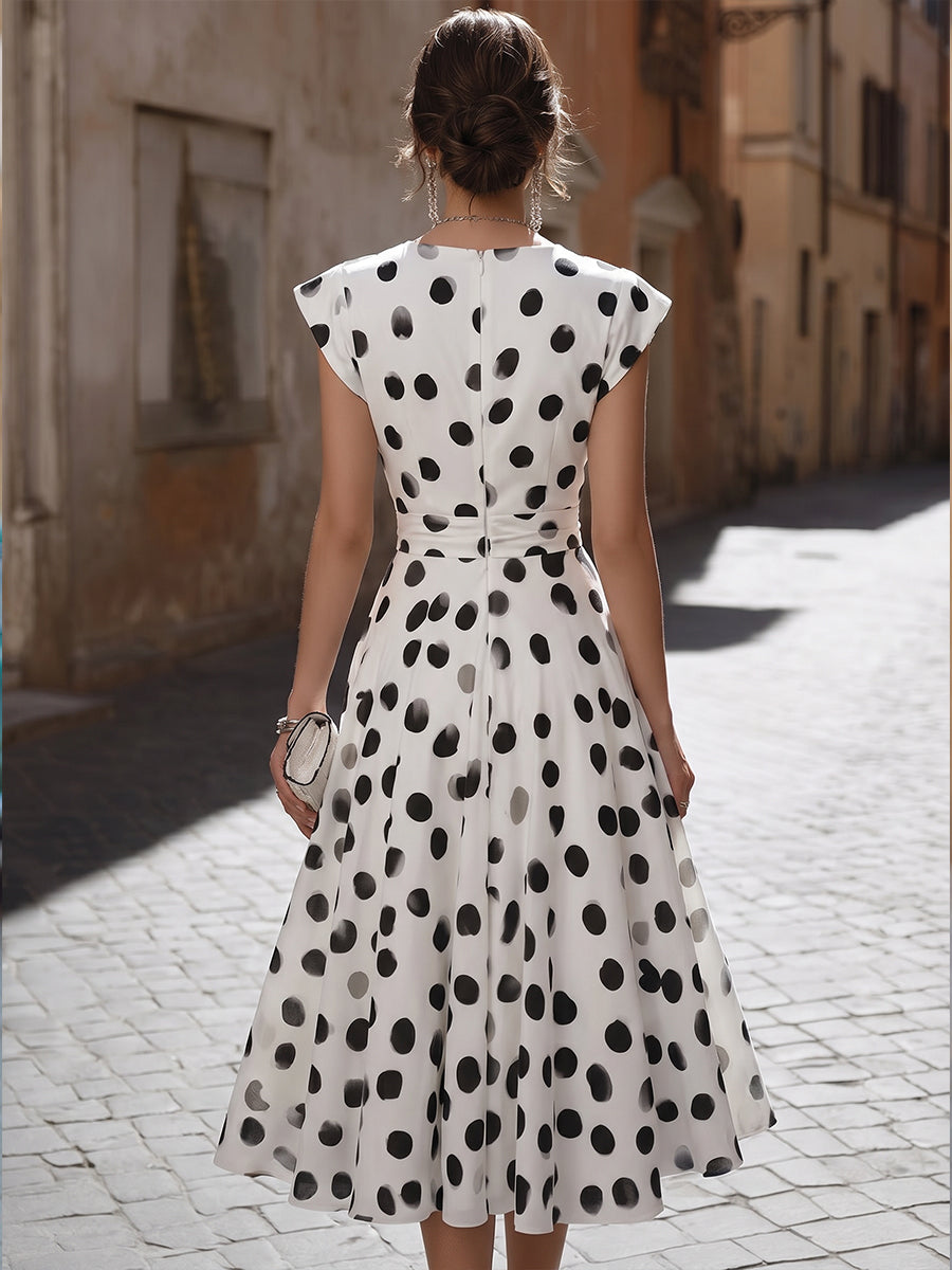 Deep V Wrap Polka Dot Flowy Midi Dress with Ruched Waist