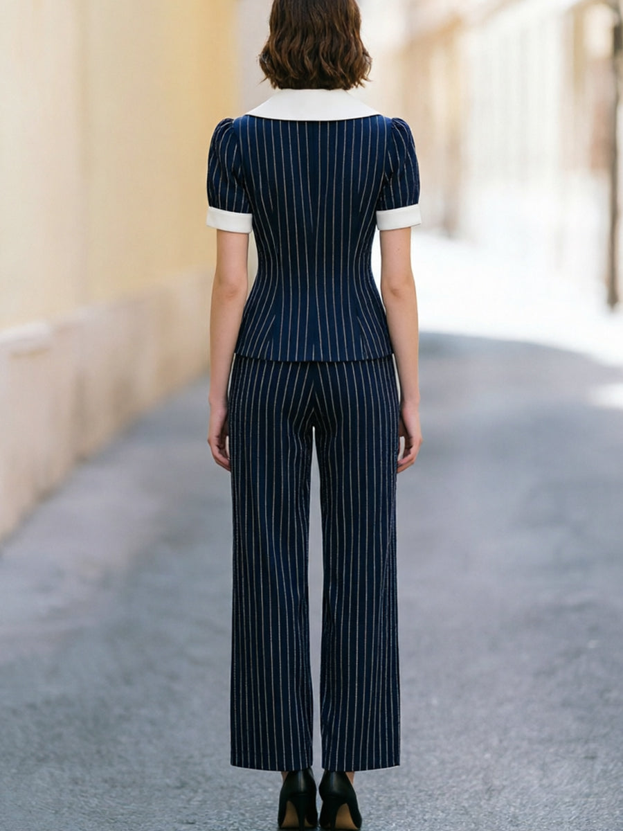Navy Blue Pinstripe Wide-Leg Two-Piece Suit