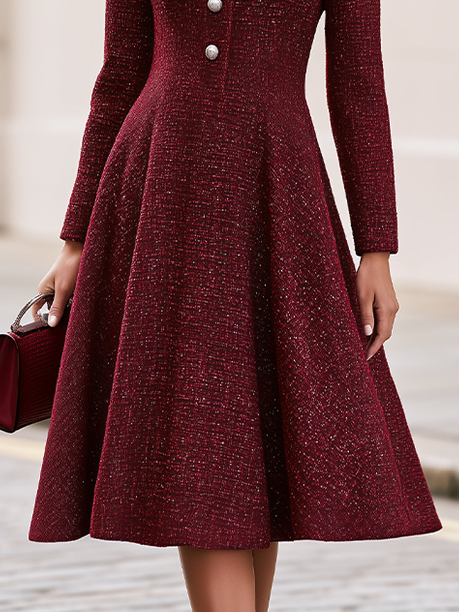 Tweed Round Neck Long Sleeve Fit & Flare Midi Dress
