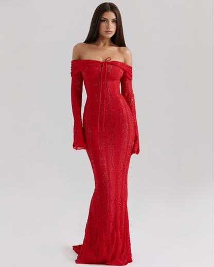Vestido largo de encaje con escote bardot