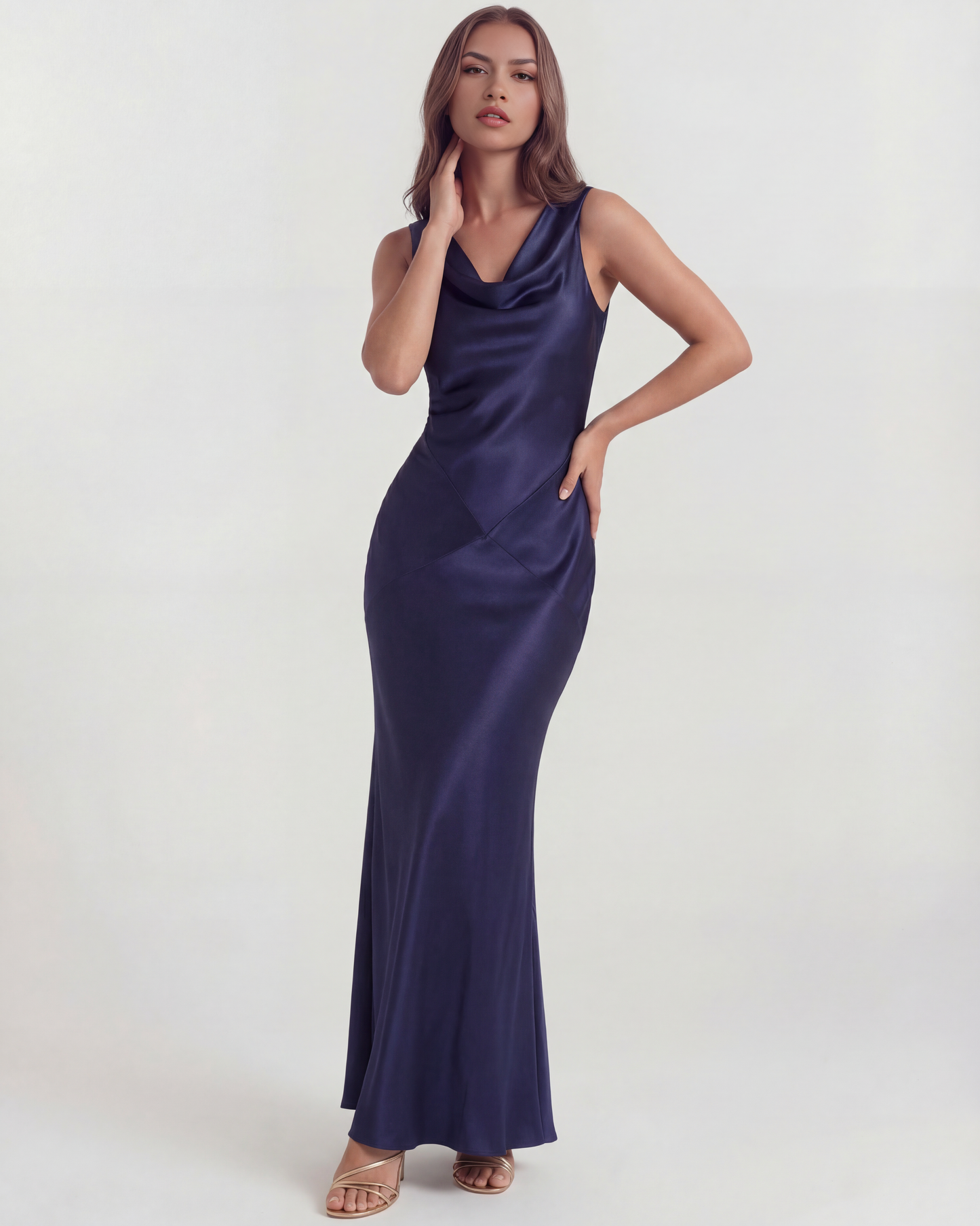 Vestido largo satinado con escote drapeado