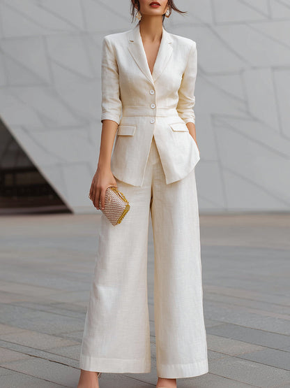 Tailored Linen Blazer & Wide-Leg Trousers Two-Piece Set