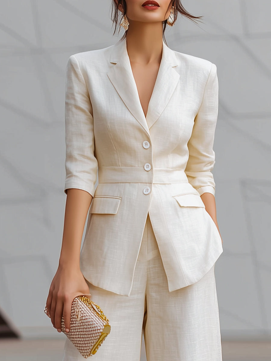 Tailored Linen Blazer & Wide-Leg Trousers Two-Piece Set