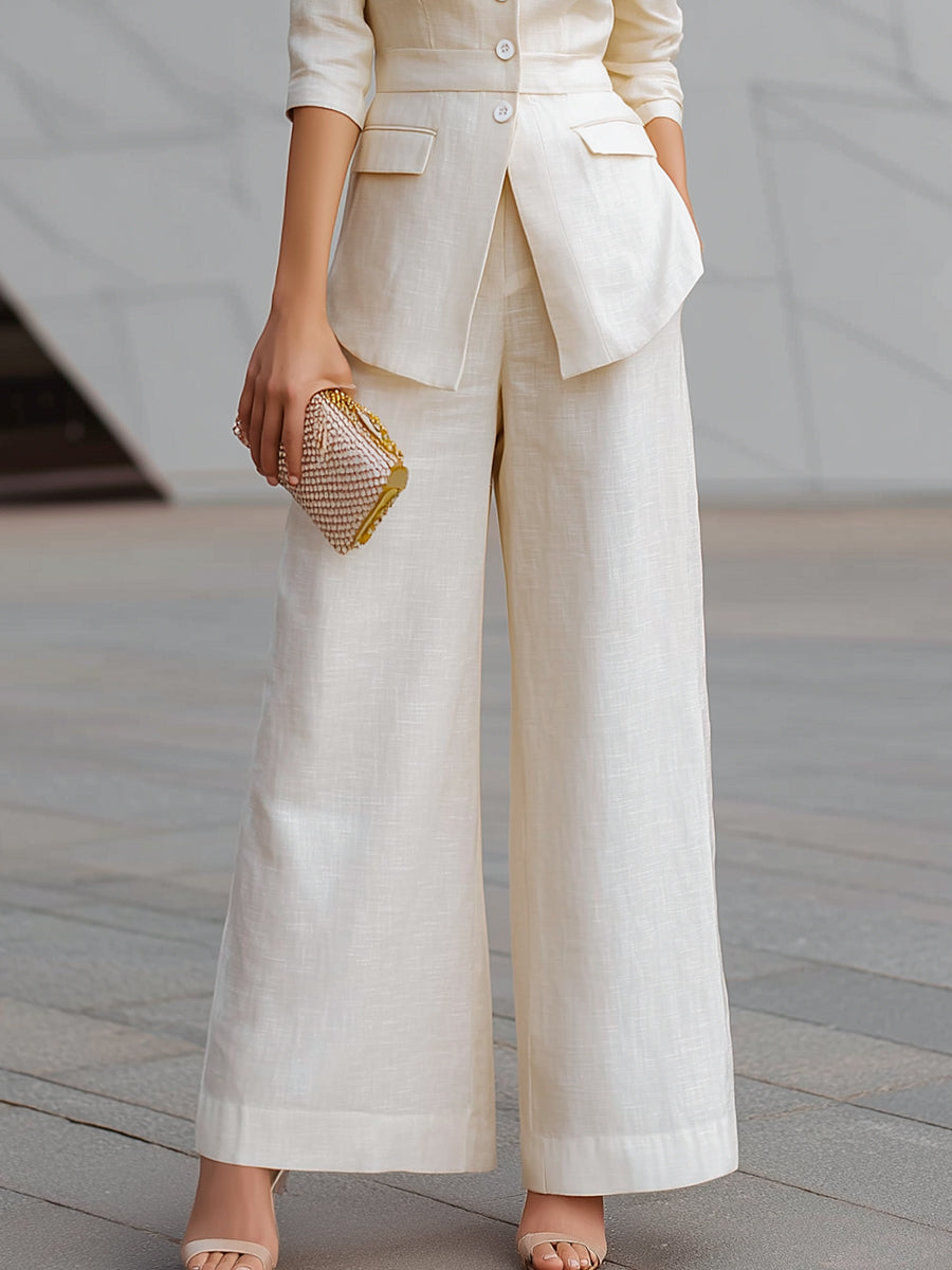 Tailored Linen Blazer & Wide-Leg Trousers Two-Piece Set