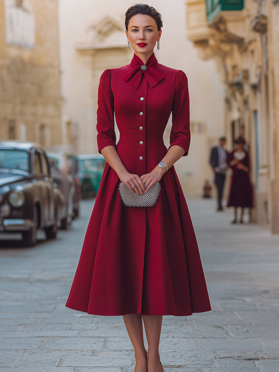 Rhinestone Bow Collar Red Tailored Swing Midi Dress