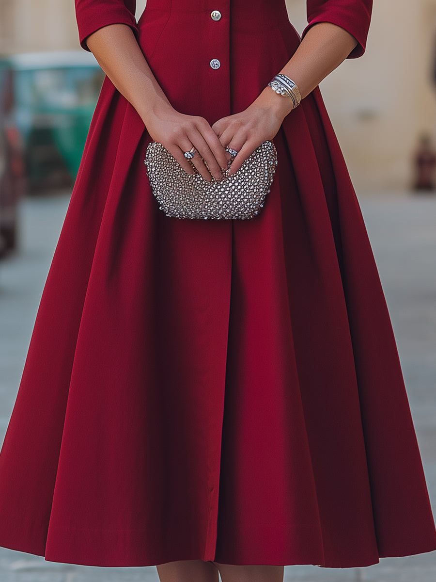 Rhinestone Bow Collar Red Tailored Swing Midi Dress