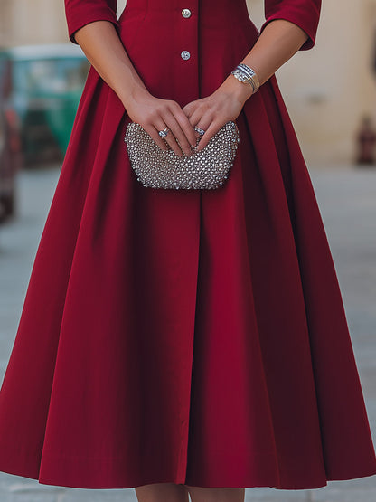 Rhinestone Bow Collar Red Tailored Swing Midi Dress