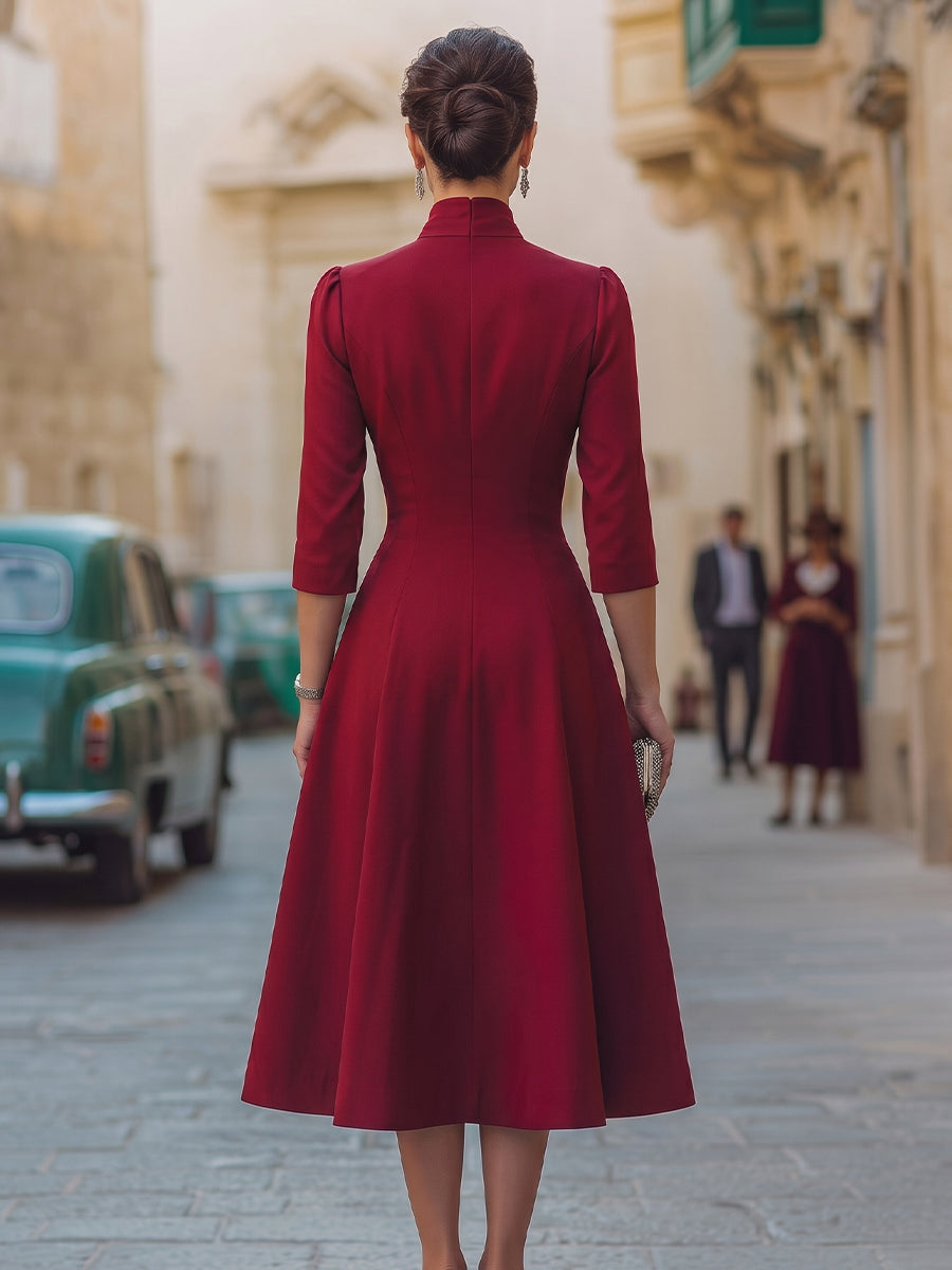 Rhinestone Bow Collar Red Tailored Swing Midi Dress