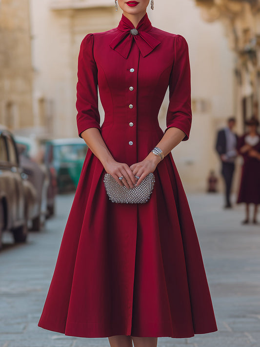 Rhinestone Bow Collar Red Tailored Swing Midi Dress