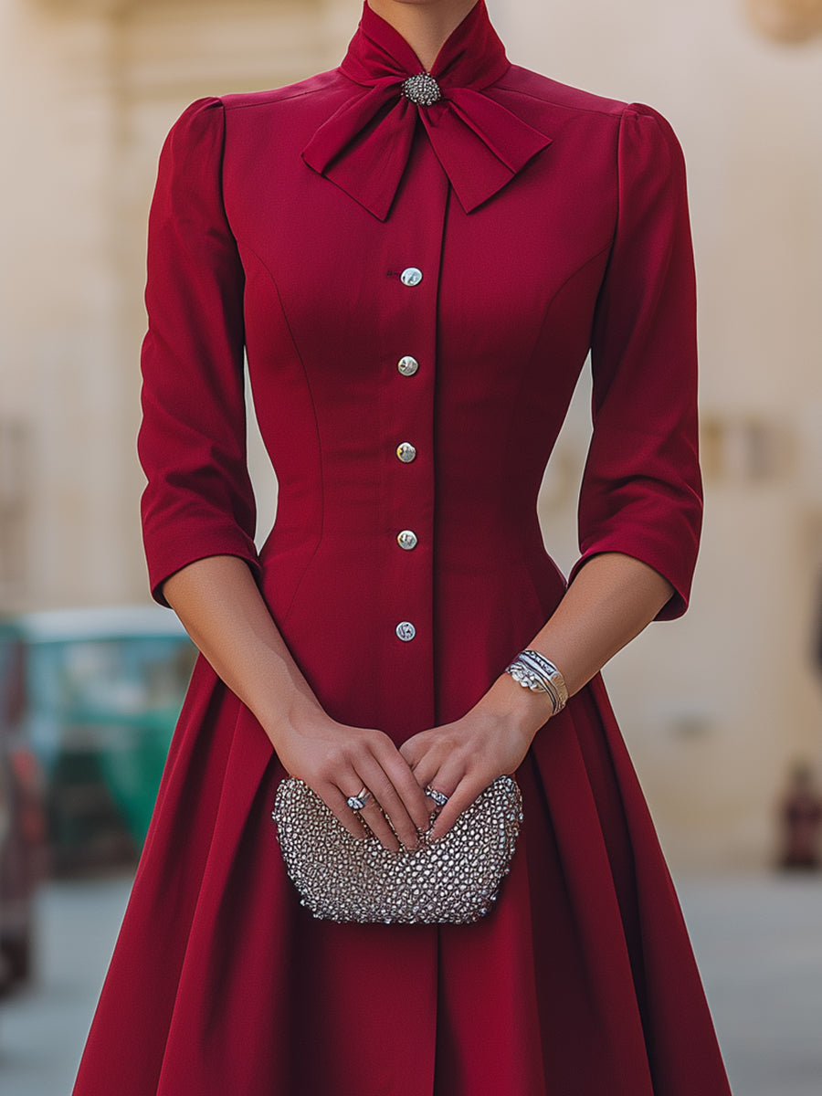 Rhinestone Bow Collar Red Tailored Swing Midi Dress