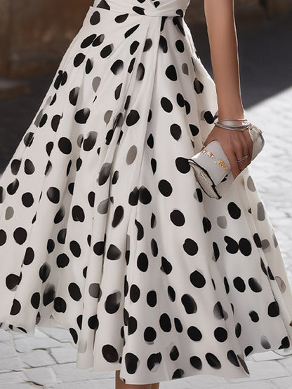 Deep V Wrap Polka Dot Flowy Midi Dress with Ruched Waist