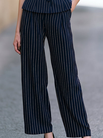 Navy Blue Pinstripe Wide-Leg Two-Piece Suit