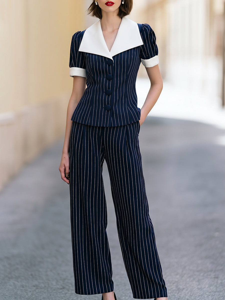 Navy Blue Pinstripe Wide-Leg Two-Piece Suit