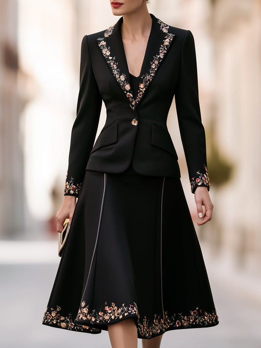 Embroidered Floral Peplum Blazer & A-Line Skirt Two-Piece Suit
