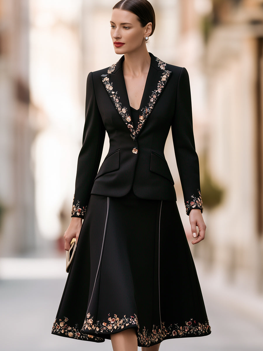 Embroidered Floral Peplum Blazer & A-Line Skirt Two-Piece Suit
