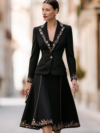 Embroidered Floral Peplum Blazer & A-Line Skirt Two-Piece Suit