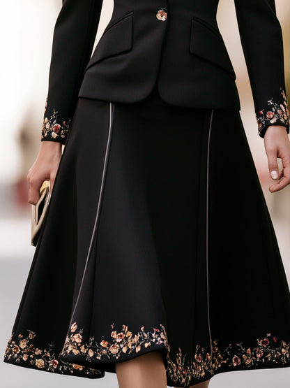Embroidered Floral Peplum Blazer & A-Line Skirt Two-Piece Suit