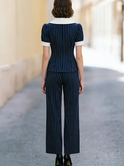 Navy Blue Pinstripe Wide-Leg Two-Piece Suit