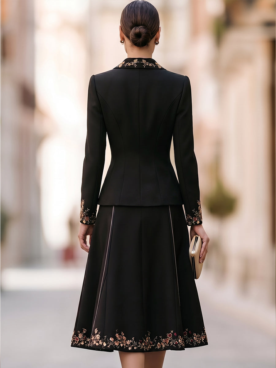 Embroidered Floral Peplum Blazer & A-Line Skirt Two-Piece Suit