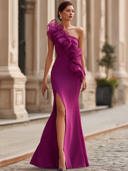 Magenta One-Shoulder Organza Ruffle Bodycon Mermaid Prom Dress