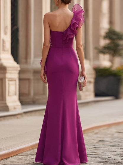 Magenta One-Shoulder Organza Ruffle Bodycon Mermaid Prom Dress