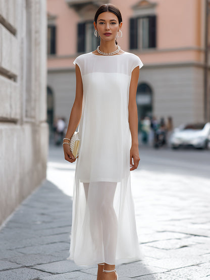 Sheer Overlay Column Maxi Dress with Layered Hem