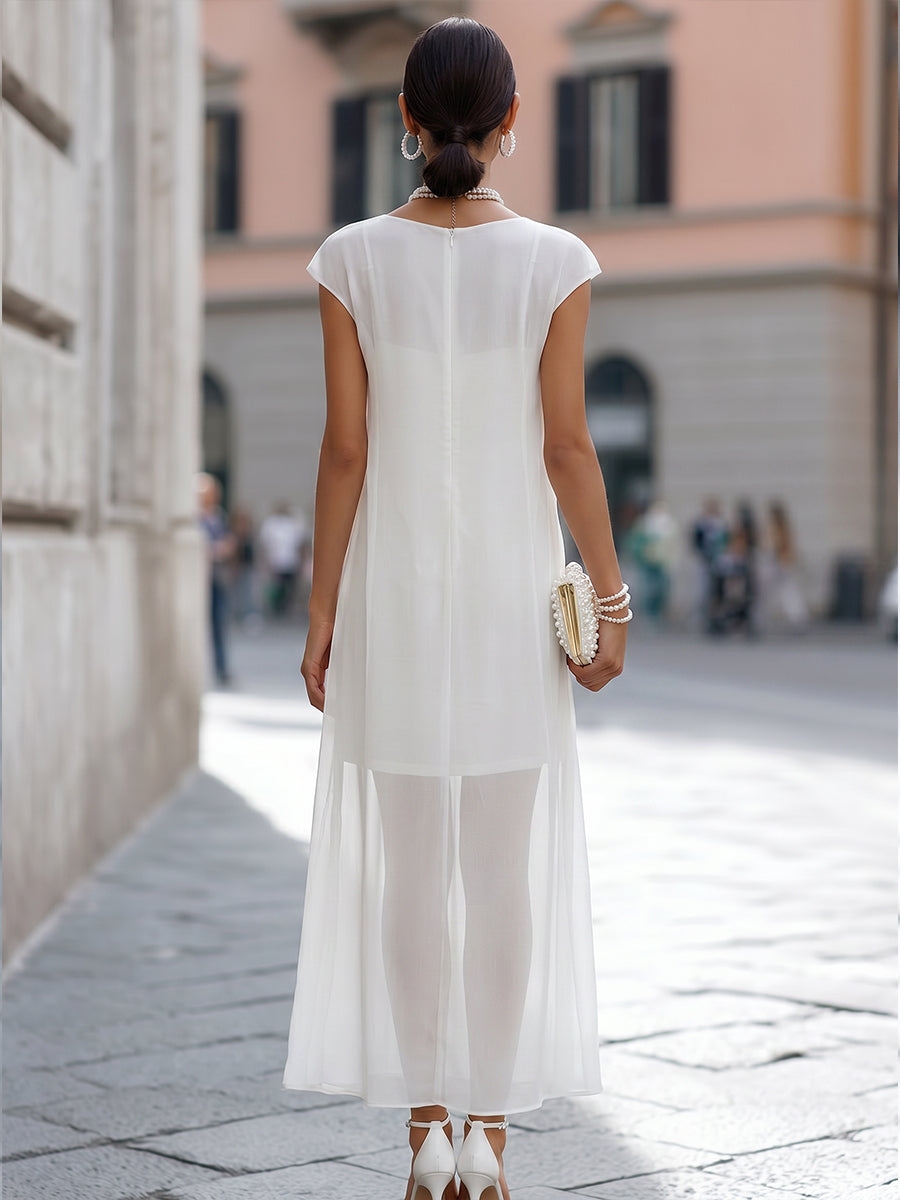 Sheer Overlay Column Maxi Dress with Layered Hem