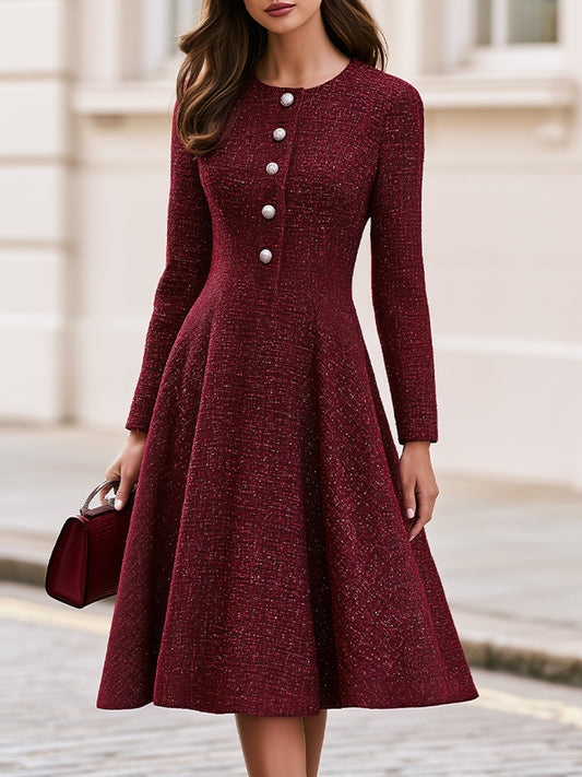 Tweed Round Neck Long Sleeve Fit & Flare Midi Dress