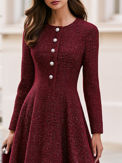 Tweed Round Neck Long Sleeve Fit & Flare Midi Dress