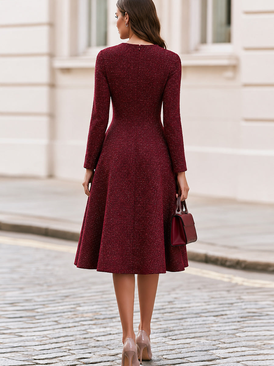 Tweed Round Neck Long Sleeve Fit & Flare Midi Dress