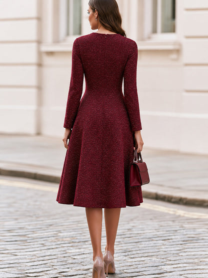 Tweed Round Neck Long Sleeve Fit & Flare Midi Dress