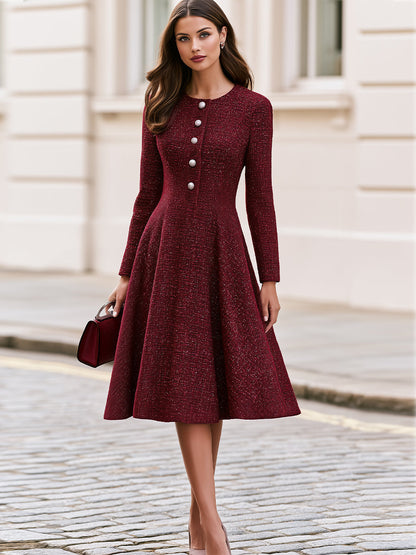 Tweed Round Neck Long Sleeve Fit & Flare Midi Dress