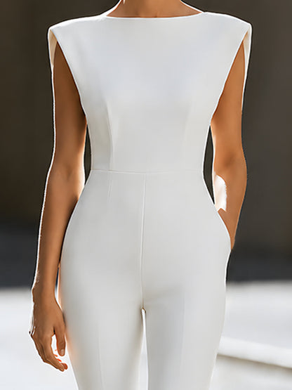 Structured Shoulder Flared Sleeveless Jumpsuit
