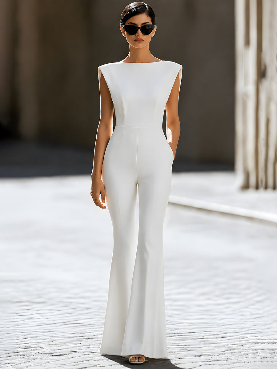 Structured Shoulder Flared Sleeveless Jumpsuit