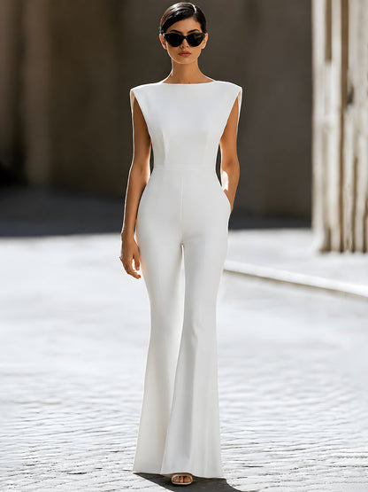 Structured Shoulder Flared Sleeveless Jumpsuit