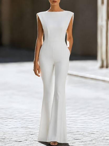 Structured Shoulder Flared Sleeveless Jumpsuit