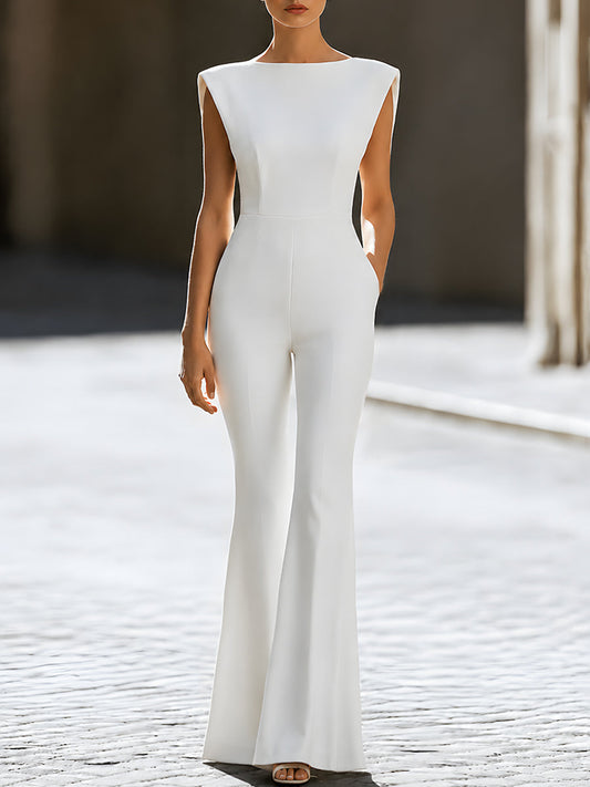 Structured Shoulder Flared Sleeveless Jumpsuit