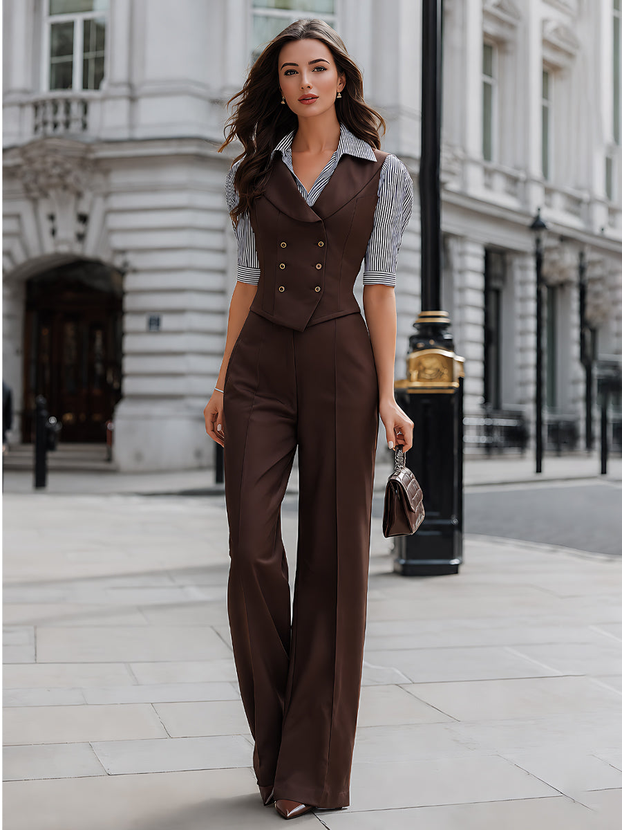 Layered-Look Waistcoat Top & Wide-Leg Trousers Two-Piece Set