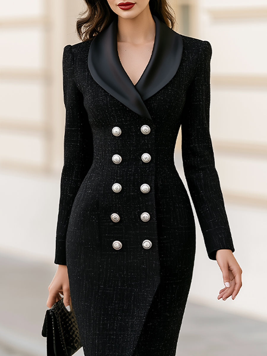 Tweed Double-Breasted Blazer Midi Dress with Satin Lapel & Front Slit