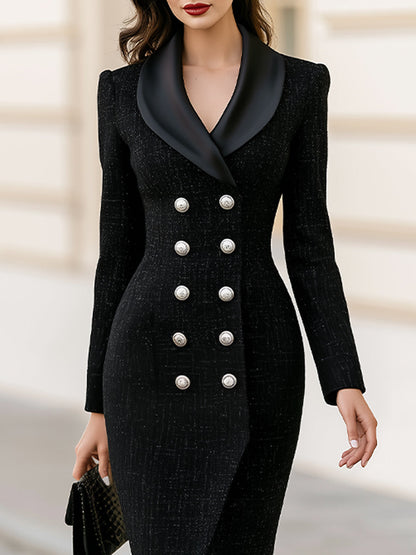 Tweed Double-Breasted Blazer Midi Dress with Satin Lapel & Front Slit
