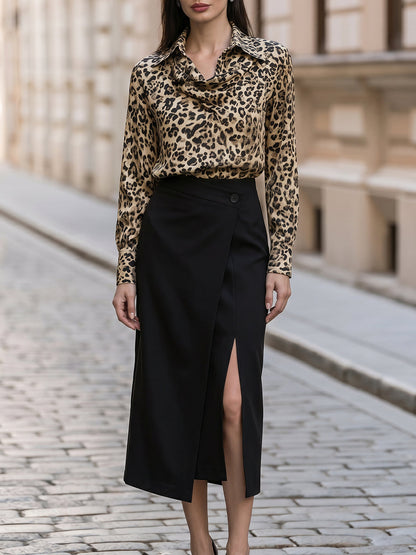 Leopard Print Draped Collar Blouse & Asymmetric Slit Midi Skirt Set