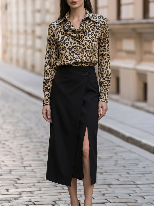 Leopard Print Draped Collar Blouse & Asymmetric Slit Midi Skirt Set