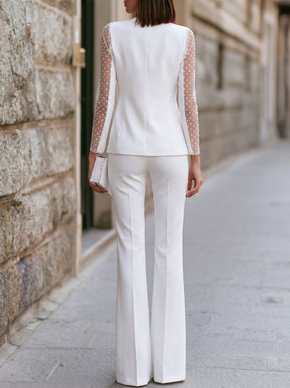 Polka Dot Three-Piece Set — Sheer Sleeve Blazer, Camisole & Trousers
