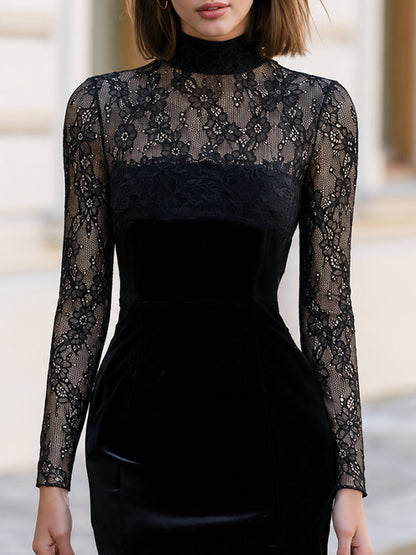 High Neck Floral Lace Long Sleeve Velvet Bodycon Mini Dress