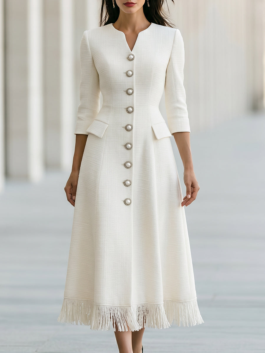 Fringe Hem Pearl Button A-Line Midi Dress