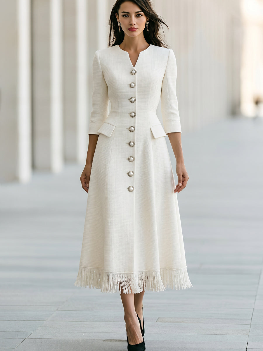 Fringe Hem Pearl Button A-Line Midi Dress