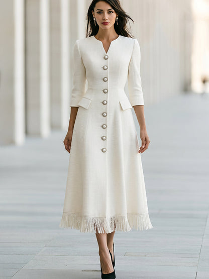 Fringe Hem Pearl Button A-Line Midi Dress