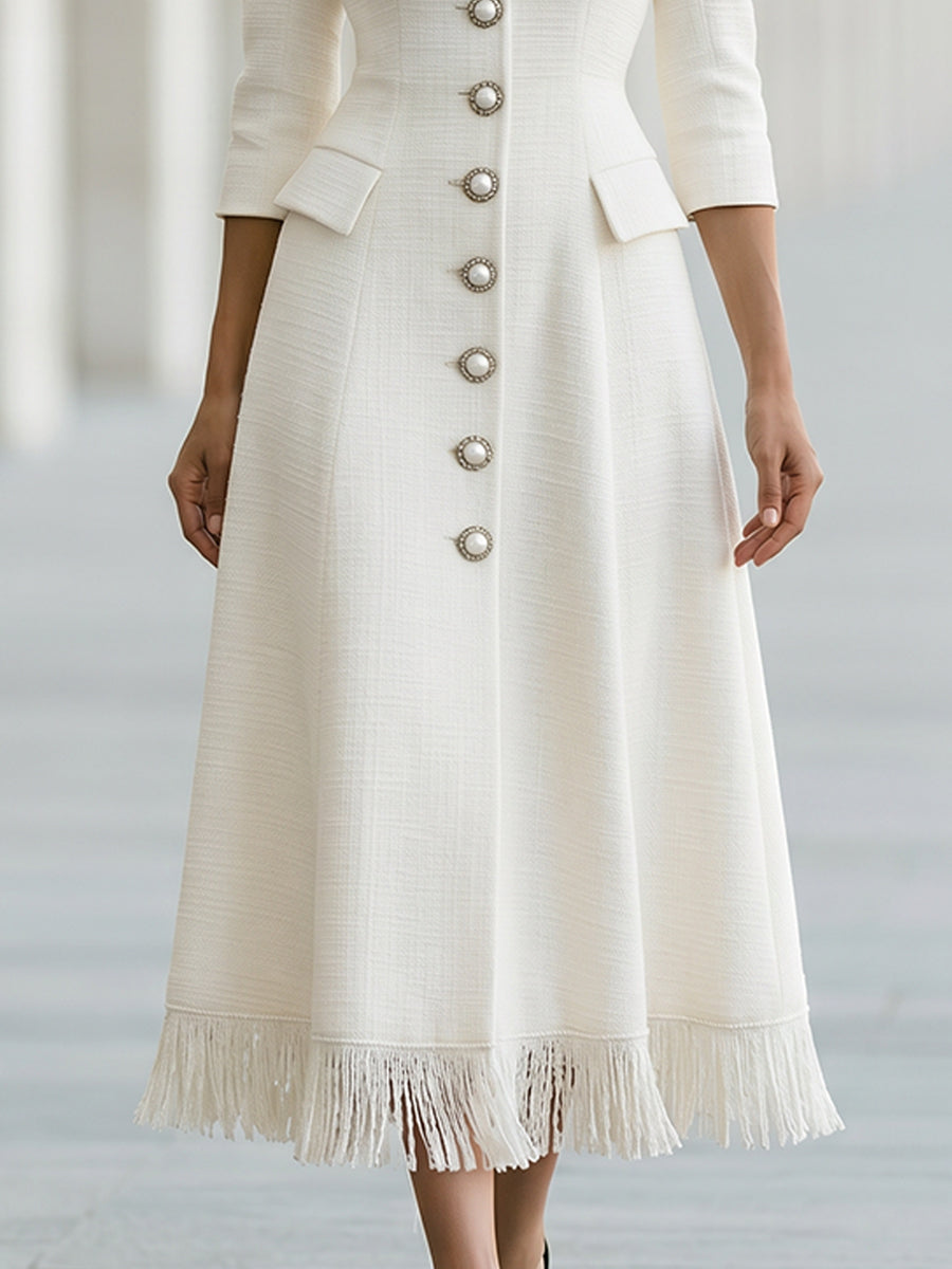 Fringe Hem Pearl Button A-Line Midi Dress