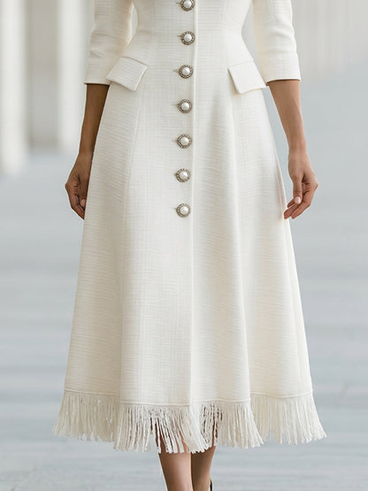 Fringe Hem Pearl Button A-Line Midi Dress